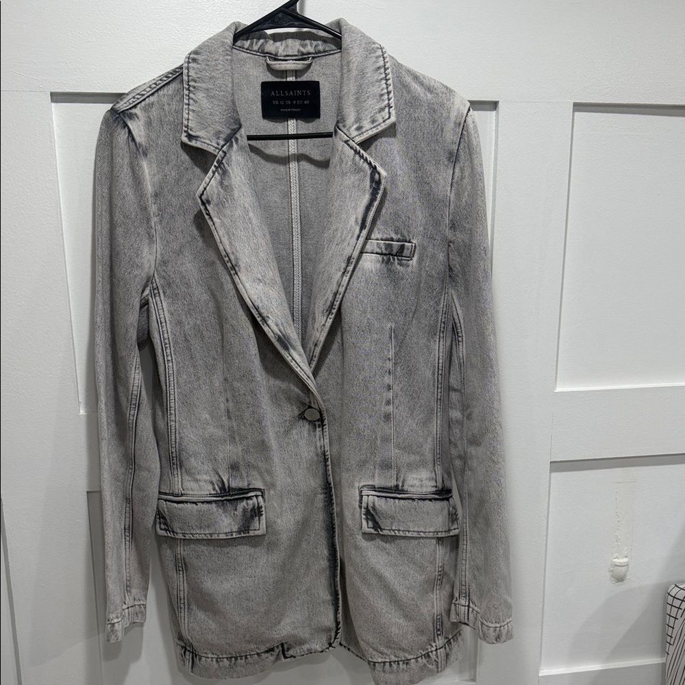 AllSaints Light Grey Washed Denim Blazer
